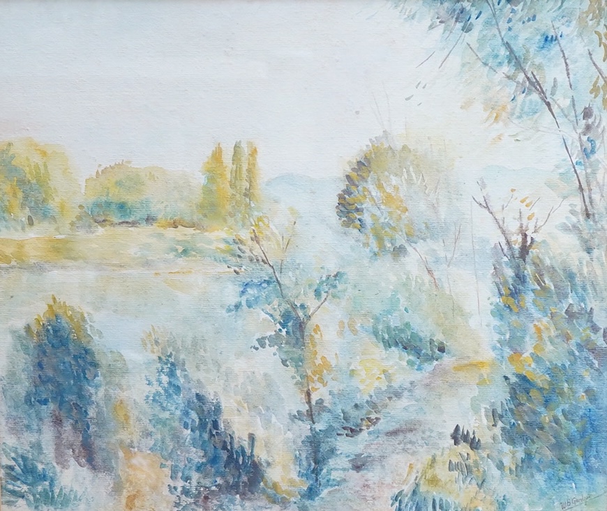 W. B. Gardner, Riverside landscape, signed, watercolour, 38 x 45cm